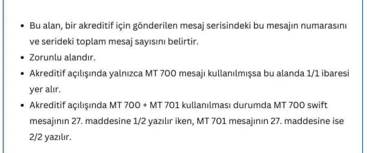 MT 700 Swift Mesajı - Field 27: Sequence of Total