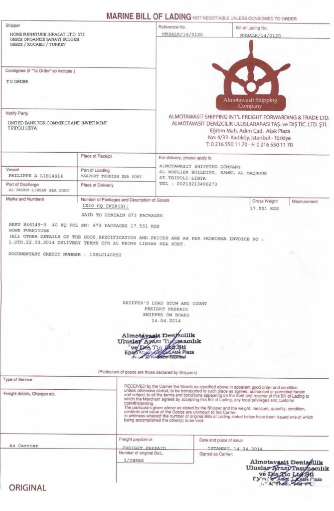 Forwarder Konşimentosu Örneği