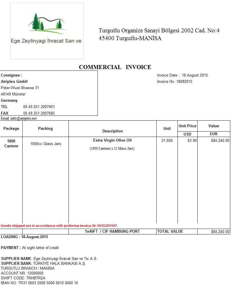 faturada as per proforma invoice gösterimi