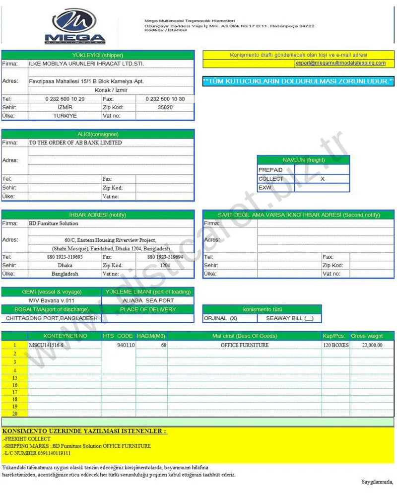 yükleme notası, konşimento talimatı